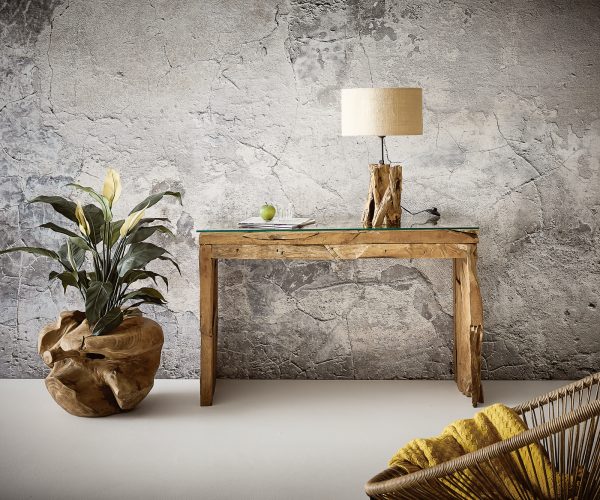 Konzolový stolek Ramiro 120x40 cm přírodní teak se skleněným povrchem