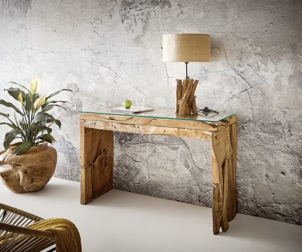 Konzolový stolek Ramiro 120x40 cm přírodní teak se skleněným povrchem - Image 2