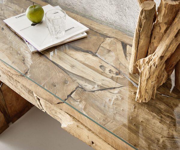 Konzolový stolek Ramiro 120x40 cm přírodní teak se skleněným povrchem - Image 3