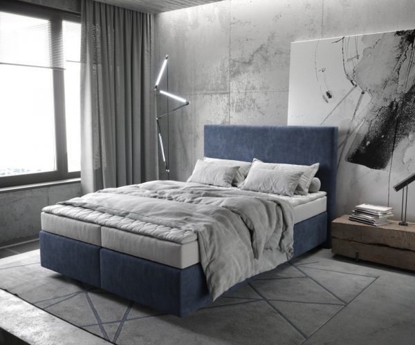 Postel Boxspring Dream-Well 140x200 cm mikrovlákno námořnické modré s matrací a topperem