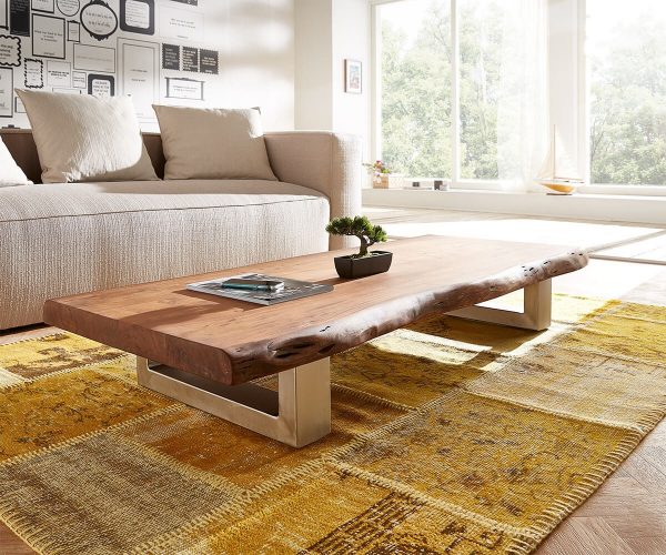 Konferenční stolek Live Edge 120x70 cm hnědá akácie tenká podnož nepravidelná hrana