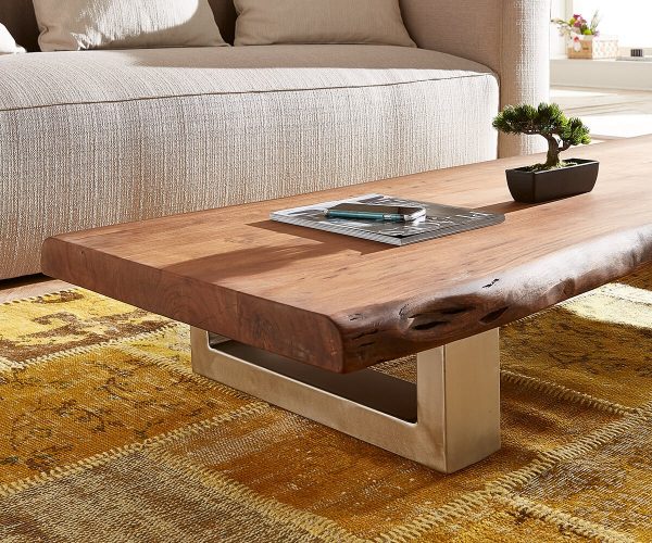 Konferenční stolek Live Edge 120x70 cm hnědá akácie tenká podnož nepravidelná hrana - Image 4