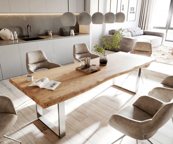 Jídelní stůl Edge 280x100cm XL akácie přírodní nerezová ocel úzká