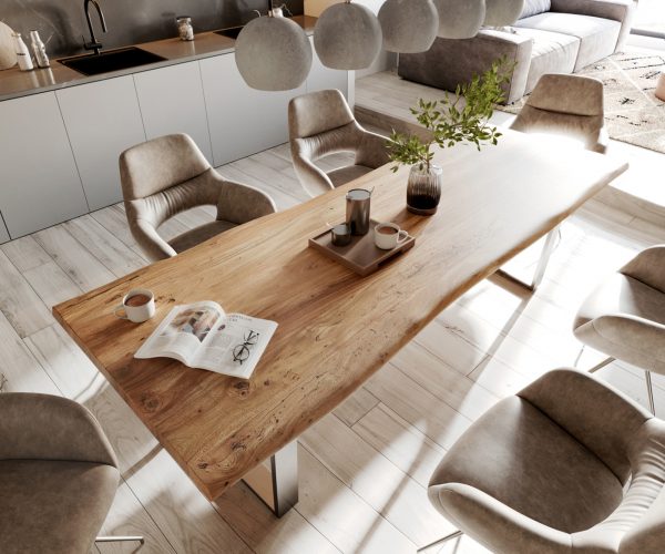 Jídelní stůl Edge 280x100cm XL akácie přírodní nerezová ocel úzká - Image 4