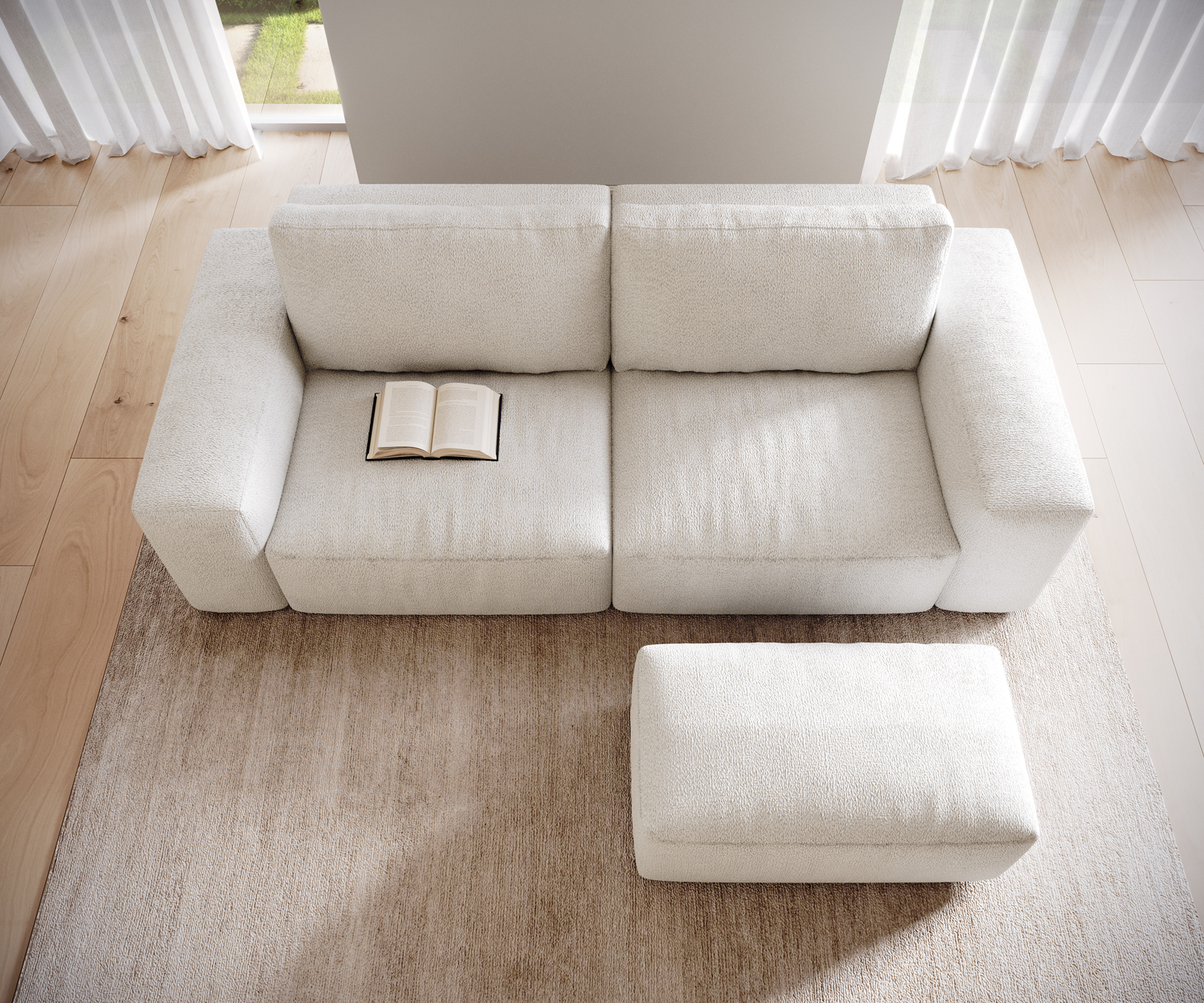 Pohovka XL Lanzo 230x95 cm bouclé krémovo-bílá s taburetem - Obrázek 4