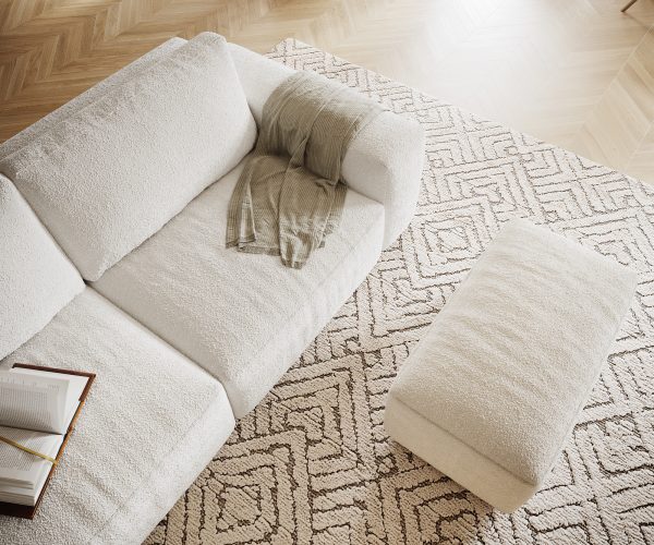Velká pohovka Lanzo XL 270x125 cm bouclé smetanovo-bílá s taburetem - Image 4