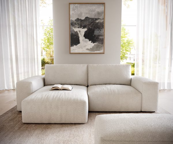 Rohová pohovka Lanzo D 260x160 cm bouclé krémovo-bílá variabilní lenoška s taburetem - Image 2