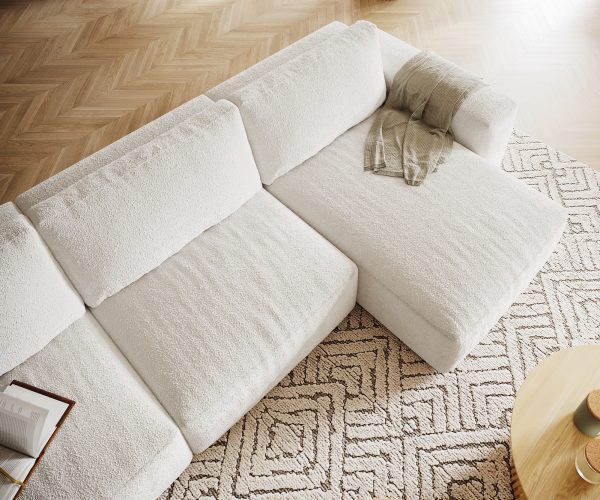 Rohová pohovka Lanzo XL 380x175 cm bouclé krémovo-bílá variabilní lenoška - Image 4