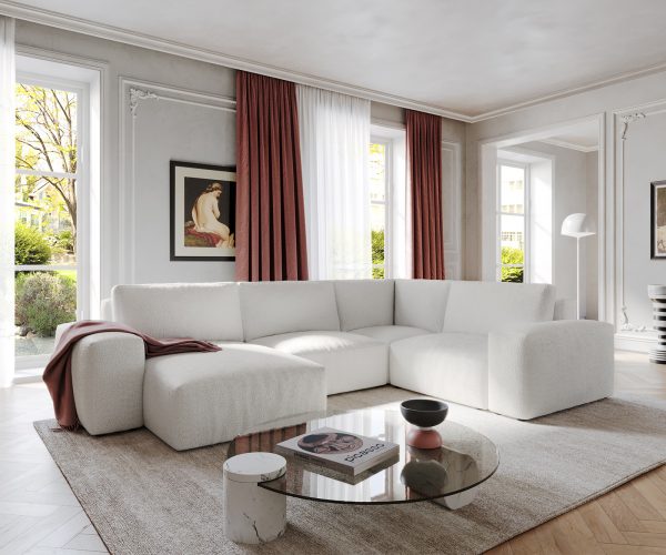 Pohovka ve tvaru "U" Lanzo D 330x230 cm bouclé krémovo-bílá variabilní lenoška