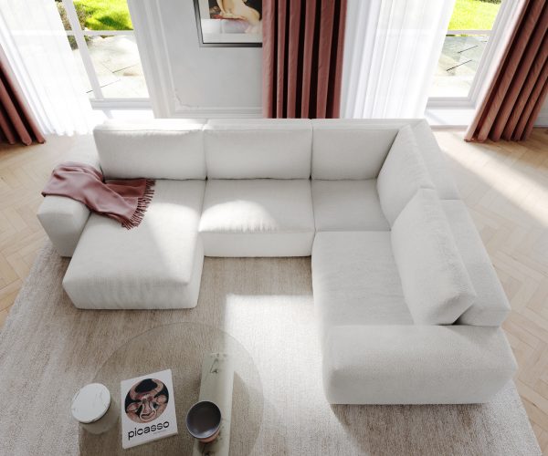 Pohovka ve tvaru "U" Lanzo D 330x230 cm bouclé krémovo-bílá variabilní lenoška - Image 4