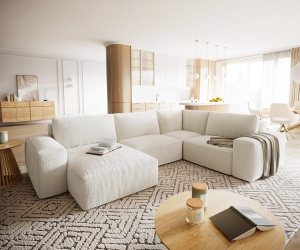 Pohovka ve tvaru "U" Lanzo XL 370x260 cm bouclé krémovo-bílá variabilní lenoška