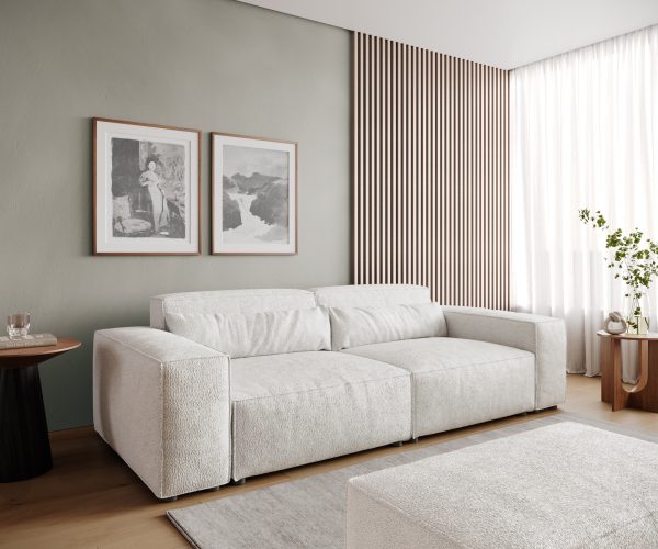 Velká pohovka Sirpio D 250x105 cm bouclé krémově bílá s taburetem