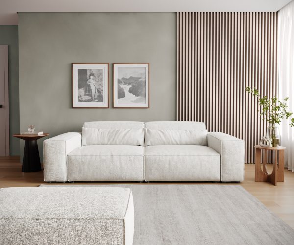 Velká pohovka Sirpio D 250x105 cm bouclé krémově bílá s taburetem - Image 2