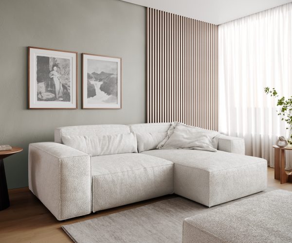 Rohová pohovka Sirpio D 250x155 cm bouclé krémově bílá variabilní s taburetem