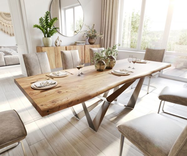 Jídelní stůl Edge 240x100 cm XL přírodní akácie nepravidelná hrana plochá podnož z nerezové oceli