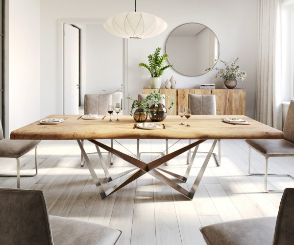 Jídelní stůl Edge 240x100 cm XL přírodní akácie nepravidelná hrana plochá podnož z nerezové oceli - Image 2