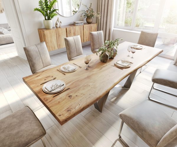 Jídelní stůl Edge 240x100 cm XL přírodní akácie nepravidelná hrana plochá podnož z nerezové oceli - Image 4