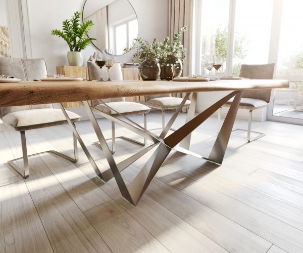 Jídelní stůl Edge 240x100 cm XL přírodní akácie nepravidelná hrana plochá podnož z nerezové oceli - Image 5