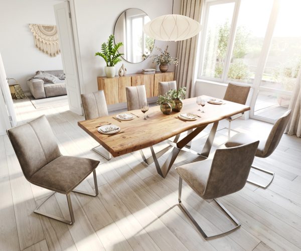 Jídelní stůl Edge 240x100 cm XL přírodní akácie nepravidelná hrana plochá podnož z nerezové oceli - Image 6