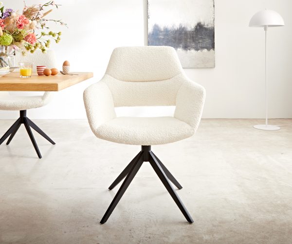 Otočná židle Yago-Flex XL s područkami křížová podnož široká černá bouclé bílá 360° - Image 2