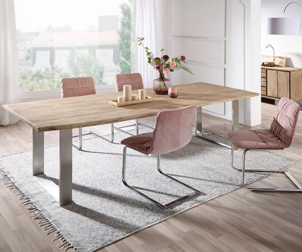 Jídelní stůl Edge 260x100 cm akácie šampaňská nerezová ocel úzká