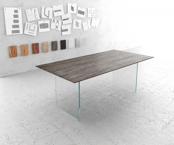 Jídelní stůl Edge 200x100 cm akácie platina skleněná podnož švýcarská hrana