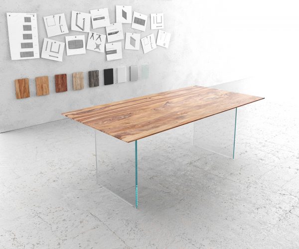 Jídelní stůl Edge 200x100 cm přírodní sheesham skleněná podnož švýcarská hrana