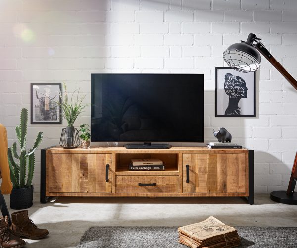 TV stolek Crompton 200 cm přírodní mango 2 dvířka 1 zásuvka 1 přihrádka kov černá - Image 2