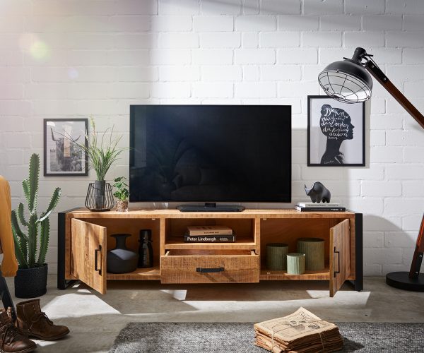 TV stolek Crompton 200 cm přírodní mango 2 dvířka 1 zásuvka 1 přihrádka kov černá - Image 4