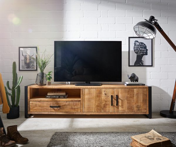 TV stolek Crompton 200 cm přírodní mango 2 dvířka 1 zásuvka 1 přihrádka kov černá - Image 2
