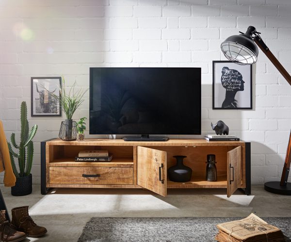 TV stolek Crompton 200 cm přírodní mango 2 dvířka 1 zásuvka 1 přihrádka kov černá - Image 4