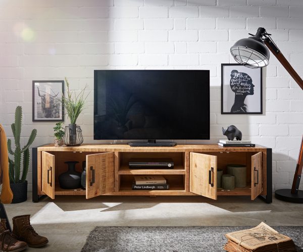 TV stolek Crompton 220 cm přírodní mango kov černá 4 dvířka 2 přihrádky - Image 4