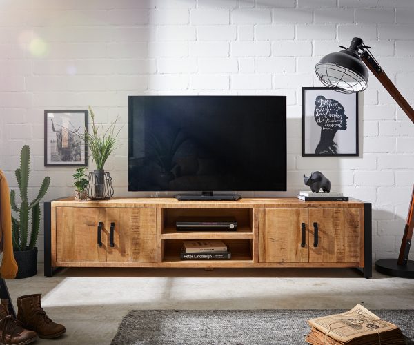 TV stolek Crompton 220 cm přírodní mango kov černá 4 dvířka 2 přihrádky - Image 2