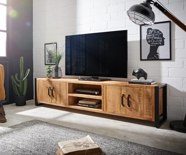 TV stolek Crompton 220 cm přírodní mango kov černá 4 dvířka 2 přihrádky