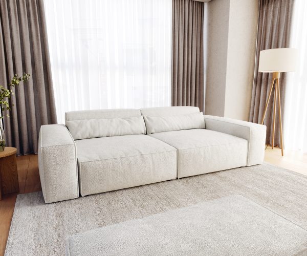 Velká pohovka Sirpio XL 270x125 cm bouclé smetanovo-bílá s taburetem