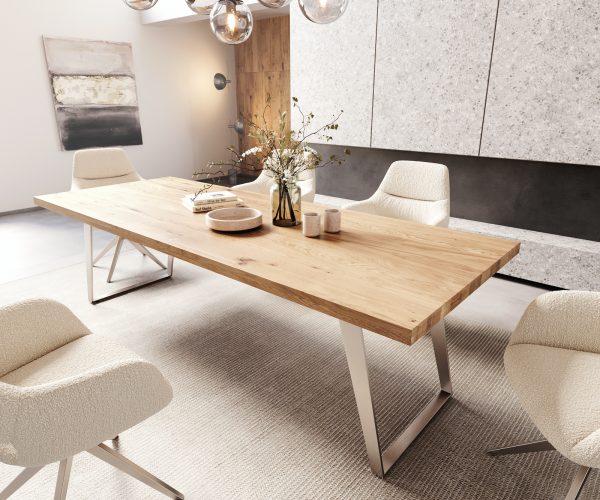 Jídelní stůl Edge 260x100 cm přírodní dub šikmá podnož nerezová ocel
