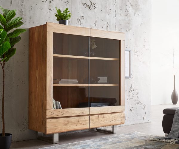 Vitrína Live Edge 140x150 cm přírodní akácie 2 dvířka 2 šuplíky masiv