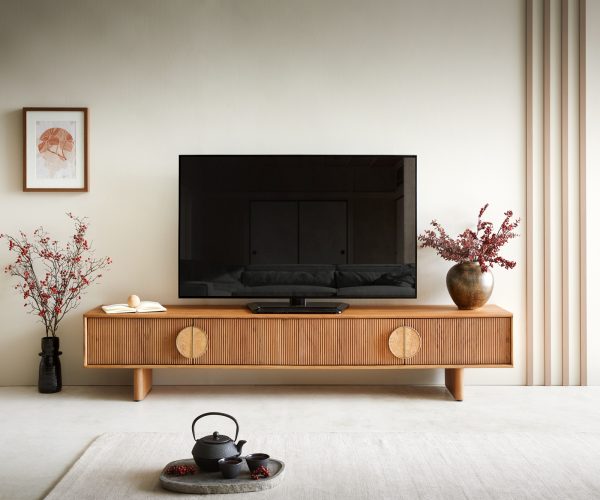 TV stolek Surimu 200 cm akácie světle hnědá 4 dvířka korkové madlo dřevěná podnož - Image 2