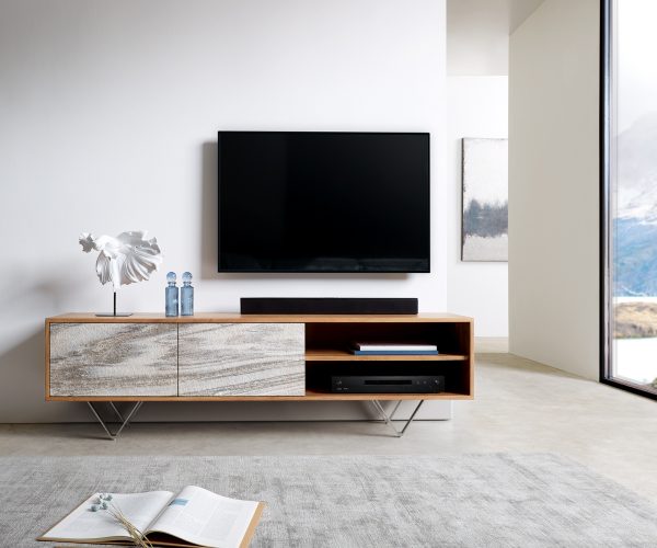 TV stolek Kleo 160 cm přírodní akácie 2 dvířka podnož ve tvaru "V" nerezová ocel - Image 2
