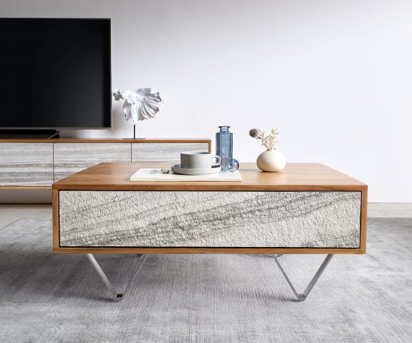 Konferenční stolek Kleo 80x60 cm přírodní akácie 2 zásuvky podnož ve tvaru "V" nerezová ocel - Image 2