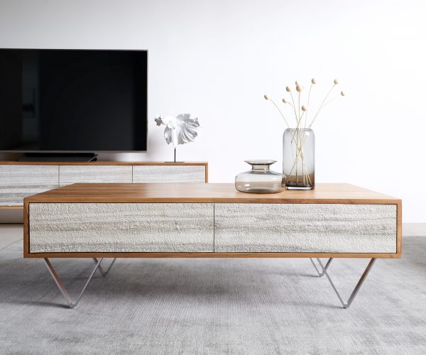 Konferenční stolek Kleo 115x60 cm přírodní akácie 4 zásuvky podnož ve tvaru "V" nerezová ocel - Image 2