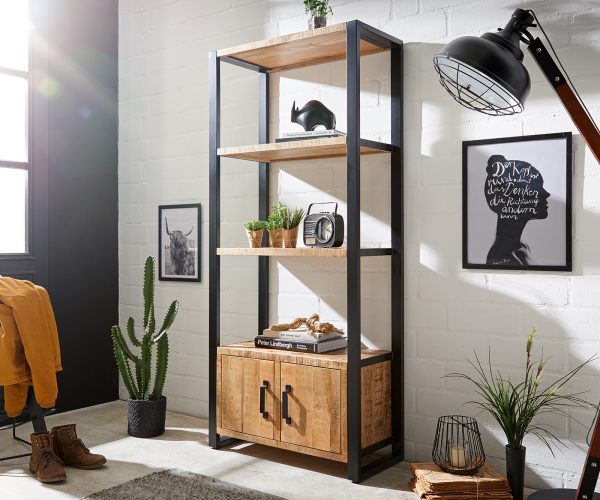 Knihovna Crompton 80x185 cm přírodní mango 3 přihrádky 2 dvířka kov černá