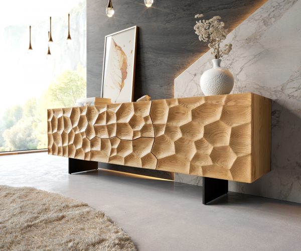 TV stolek Solu 175x35x55 cm přírodní dub 2 dvířka 2 zásuvky kov černá závěsné