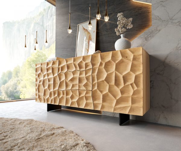 Komoda Solu 175x40x80 cm přírodní dub 2 dvířka 3 zásuvky kov černá závěsné