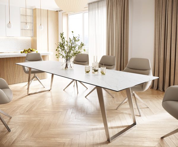 Jídelní stůl Edge 300x100 cm keramika Laminam® Statuarettio bílá šikmá podnož nerezová ocel - Image 2