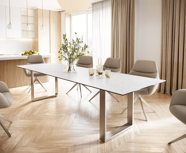 Jídelní stůl Edge 300x100 cm keramika Laminam® Statuarettio bílá úzká podnož nerezová ocel - Image 2