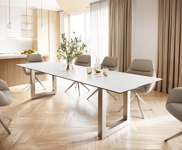 Jídelní stůl Edge 300x100 cm keramika Laminam® Statuarettio bílá široká podnož nerezová ocel - Image 2