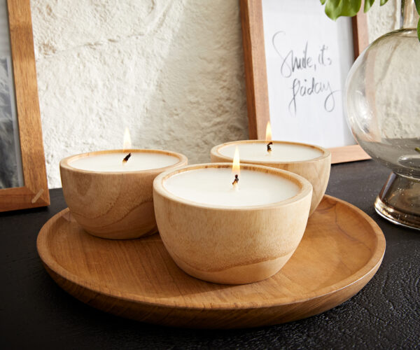 Svíčka v dřevěné misce Eldin 9x5 cm přírodní teak (sada 3 kusů) - Image 2