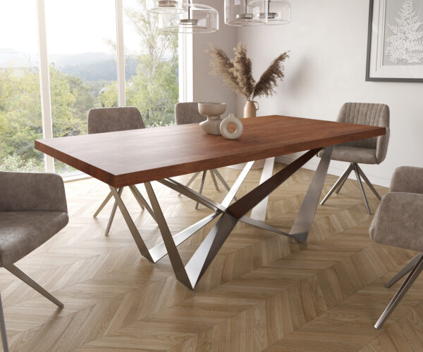 Jídelní stůl Edge 200x100cm XL akácie hnědá podnož plochá ocel nerezová ocel
