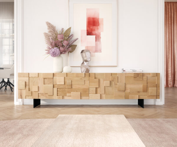 TV stolek Puzzle 220x35x55 cm přírodní dub 4 dvířka kov černá - Image 2
